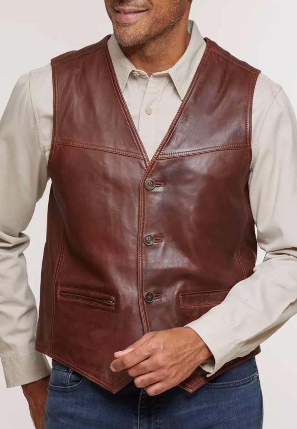 Men's Brown Leather Biker Vest made from high-quality cowhide leather, featuring a collared design, button closure, and multiple pockets for a stylish and functional look.