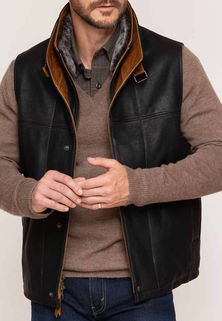 Men’s Black Leather Vest Removable Shearling Collar