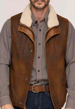 Load image into Gallery viewer, Men’s Brown Leather Vest Removable Shearling Collar
