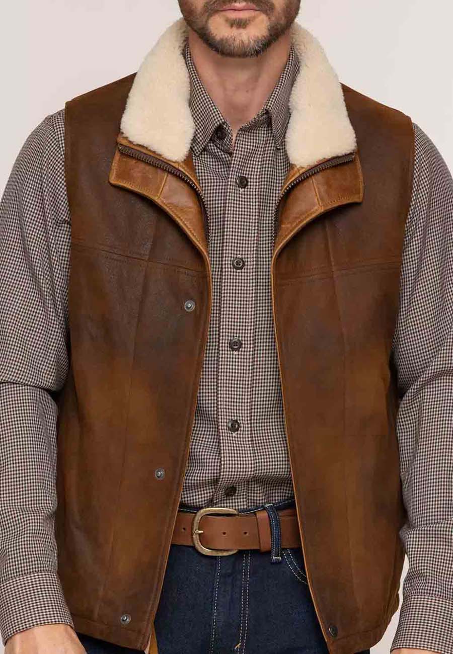 Men’s Brown Leather Vest Removable Shearling Collar