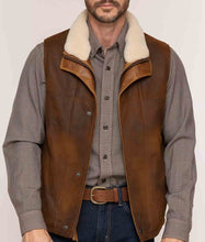 Load image into Gallery viewer, Men’s Brown Leather Vest Removable Shearling Collar
