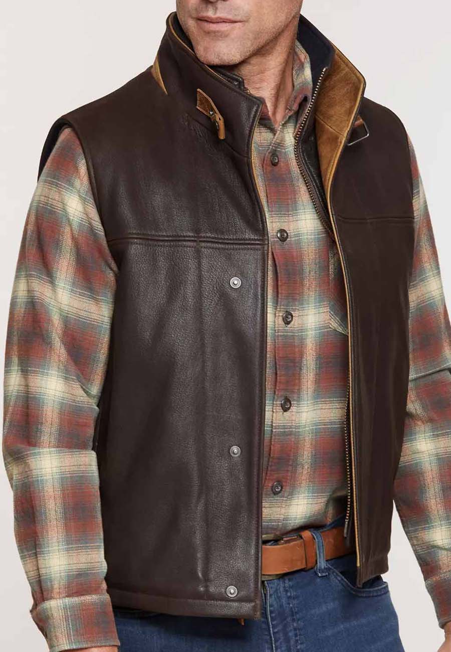 Men’s Dark Brown Leather Vest Removable Shearling Collar