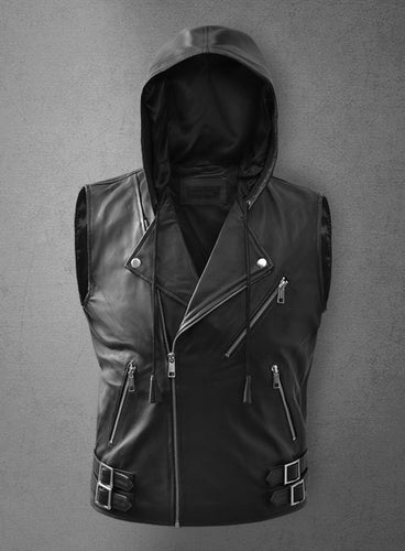 Men’s Black Leather Biker Hooded Vest