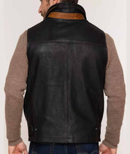 Load image into Gallery viewer, Men’s Black Leather Vest Removable Shearling Collar
