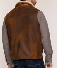 Load image into Gallery viewer, Men’s Brown Leather Vest Removable Shearling Collar
