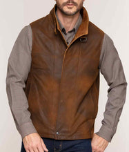 Load image into Gallery viewer, Men’s Brown Leather Vest Removable Shearling Collar

