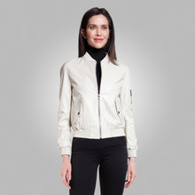Load image into Gallery viewer, Women’s White Leather Bomber Jacket

