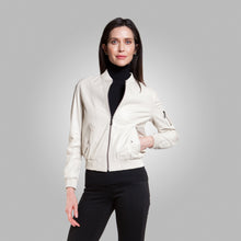Load image into Gallery viewer, Women’s White Leather Bomber Jacket
