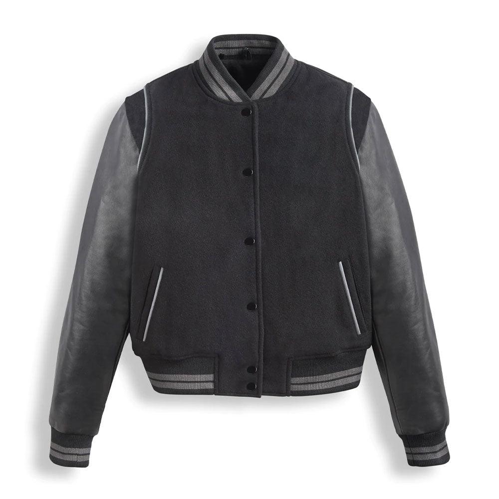 Black Varsity Leather Bomber Jacket