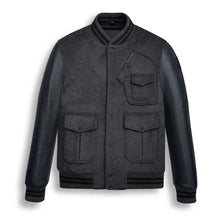 Load image into Gallery viewer, Black Wool Varsity Bomber Jacket For Men
