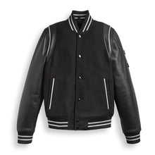 Load image into Gallery viewer, Men&#39;s Black Varsity Bomber Leather Jacket With Stripes
