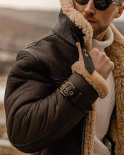 Load image into Gallery viewer, Men&#39;s Brown B3 Flying Aviator Shearling Leather Long Jacket Coat
