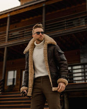 Load image into Gallery viewer, Men&#39;s Genuine Brown B3 Aviator Shearling Leather Long Coat with Belt
