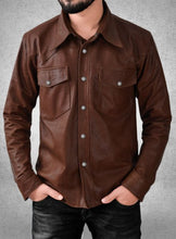 Load image into Gallery viewer, Men&#39;s Chocolate Brown Leather Full Sleeves Shirt

