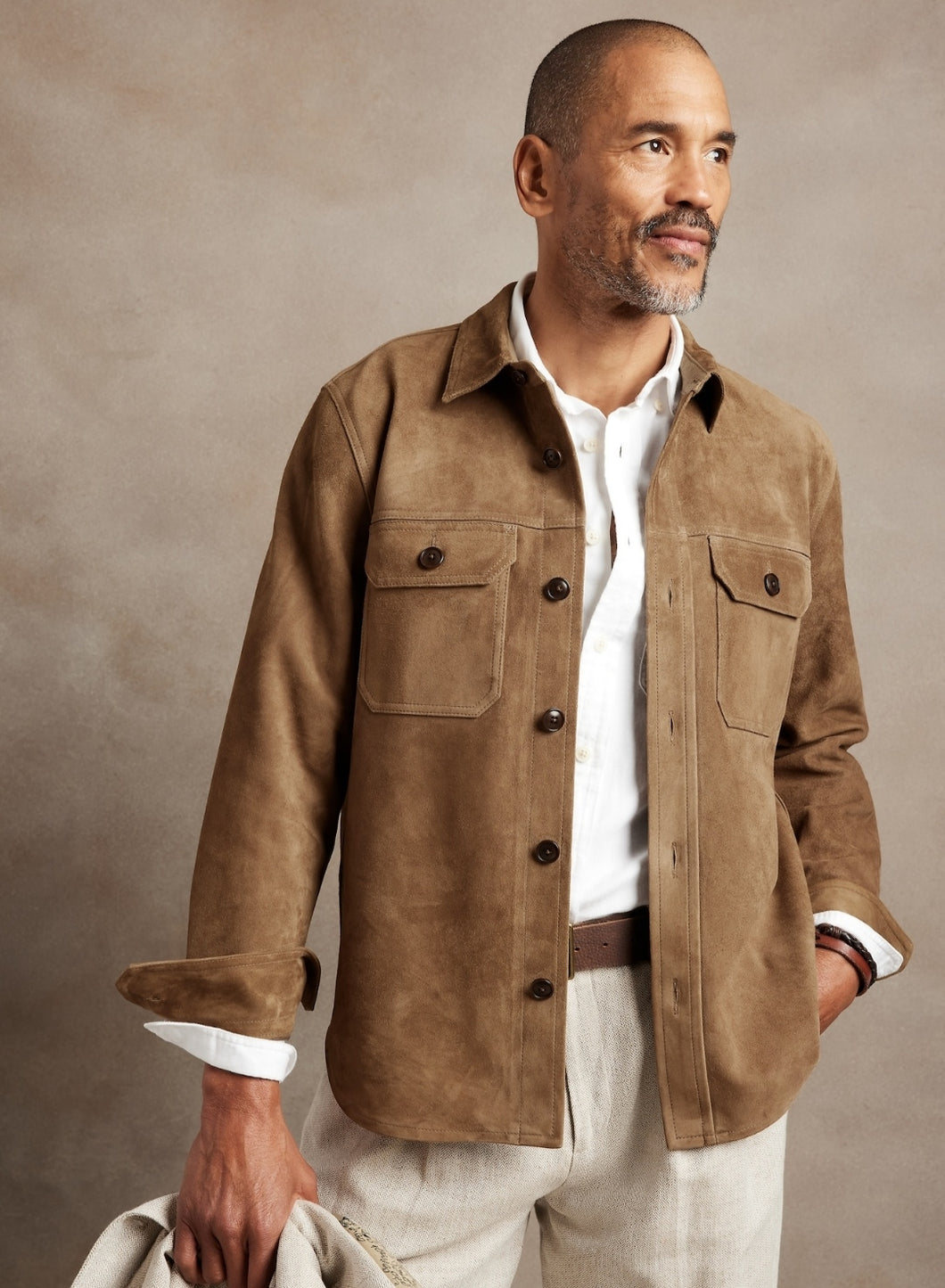 Men's Tan Brown Suede Leather Full Sleeves Shirt
