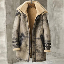 Load image into Gallery viewer, Men&#39;s Waxed B3 RAF Flying Double Collar Sheepskin Shearling Leather Long Jacket Coat
