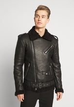 Load image into Gallery viewer, Men&#39;s Black Leather Black Shearling Biker Jacket
