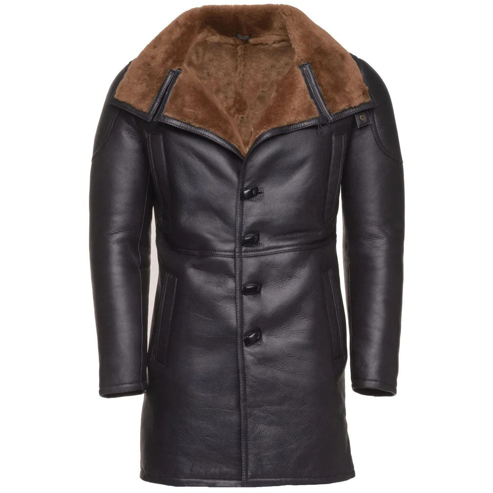 Mens Black Real Sheepskin Shearling Leather Trench Coat