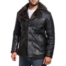 Load image into Gallery viewer, Mens Black Shearling Bomber Sheepskin Leather Fur Coat
