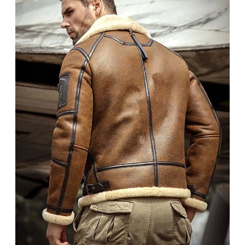 TLS Men's B3 RAF Aviator Sheepskin Leather Bomber Jacket – Brown, Slim Fit, Winter Pilot Coat