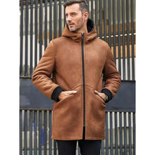 Load image into Gallery viewer, Mens Brown Sheepskin Shearling Fur Coat with Hooded

