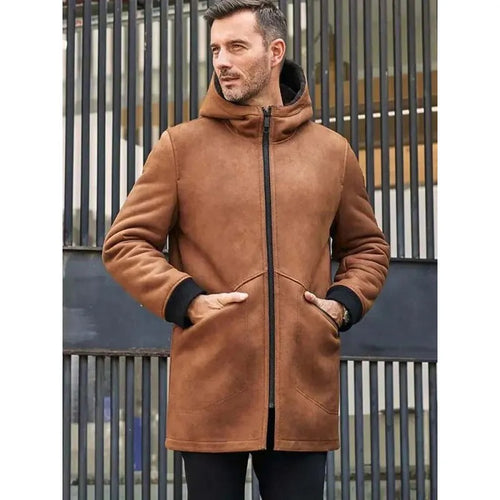Mens Brown Sheepskin Shearling Fur Coat with Hooded