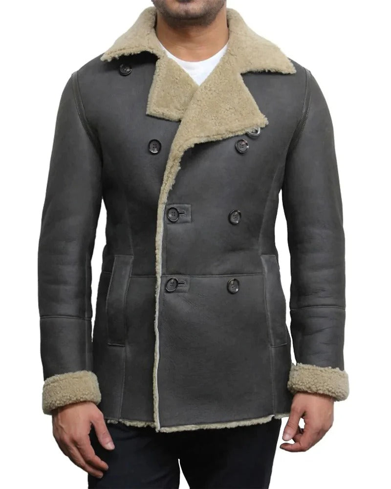 Premium Grey Shearling Leather Fur Coat - Winter Fur Coat