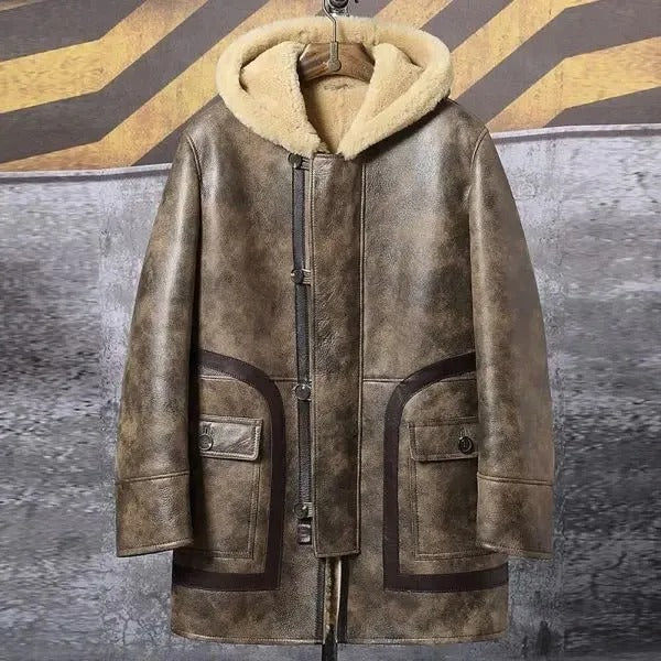 Mens Waxed Sheepskin Leather Fur Coat with Hood