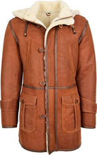 Load image into Gallery viewer, Mens Whiskey Sheepskin Duffle Coat with Hood
