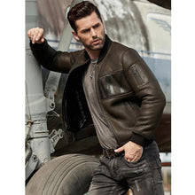 Load image into Gallery viewer, Men&#39;s Army Green B3 Flight Sheepskin Motorcycle Shearling Leather Jacket
