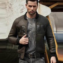 Load image into Gallery viewer, Men&#39;s Army Green B3 Flight Sheepskin Motorcycle Shearling Leather Jacket
