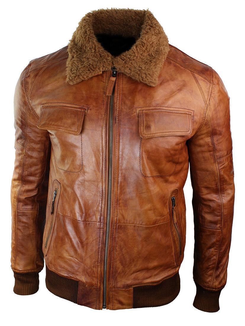 Men's B3 Bomber Rust Tan Brown Aviator Leather Jacket with Fur Collar