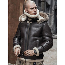 Load image into Gallery viewer, Men&#39;s Aviator Sheepskin Brown Hooded B3 RAF Shearling Leather Jacket

