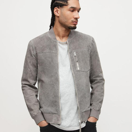 Grey Suede Leather Bomber Jacket