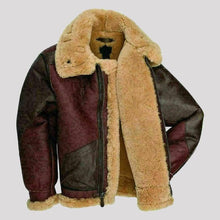 Load image into Gallery viewer, Men&#39;s Maroon RAF Flying Brown Aviator B3 Shearling Leather Jacket with Fur
