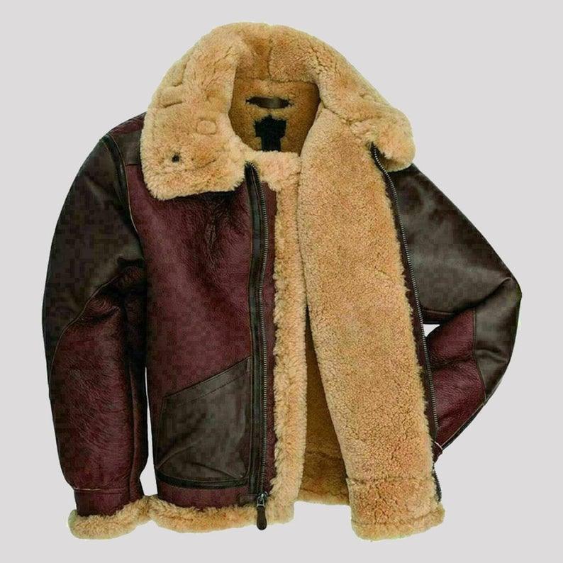 Men's Maroon RAF Flying Brown Aviator B3 Shearling Leather Jacket with Fur