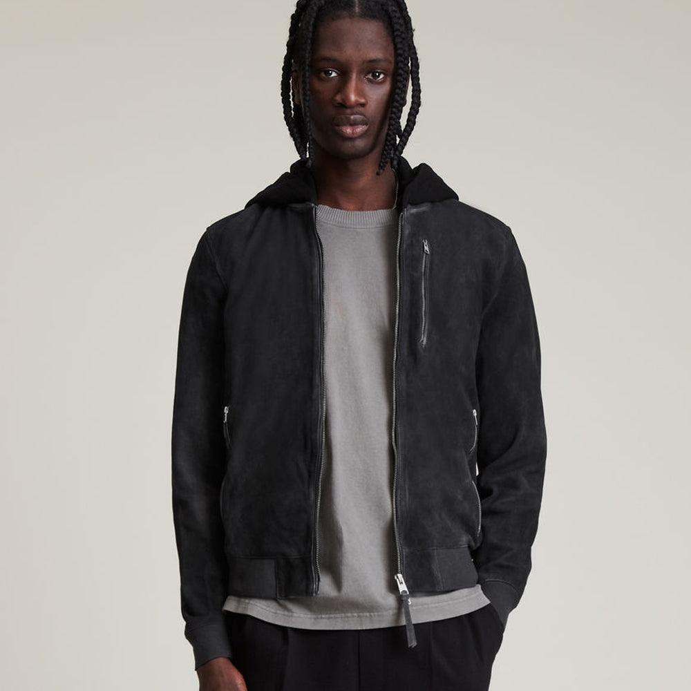 Suede Leather Hooded Bomber Jacket
