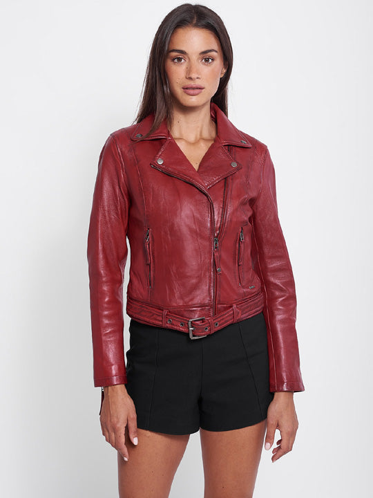 New Women's Red Genuine Leather Biker Jacket