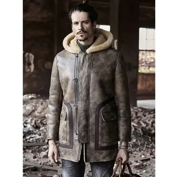 Hooded Men s Waxed Sheepskin Fur Coat