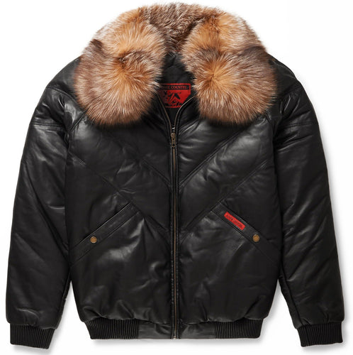 V-Bomber Jacket Black Leather w/ Crystal Fox Fur - Bubble Jacket