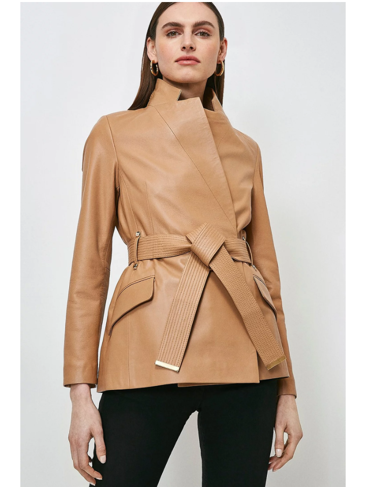 Women’s Trendy Tan Beige Sheepskin Leather Blazer With Belt