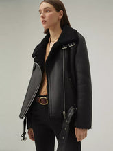 Load image into Gallery viewer, Women’s Matte Black Leather Black Shearling Coat Aviator Jacket
