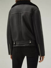 Load image into Gallery viewer, Women’s Matte Black Leather Black Shearling Coat Aviator Jacket
