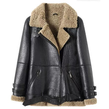 Load image into Gallery viewer, Women’s Black Leather Brown Shearling Big Fur Collar Coat
