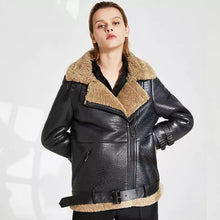 Load image into Gallery viewer, Women’s Black Leather Brown Shearling Big Fur Collar Coat
