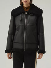 Load image into Gallery viewer, Women’s Matte Black Leather White Shearling Coat Jacket
