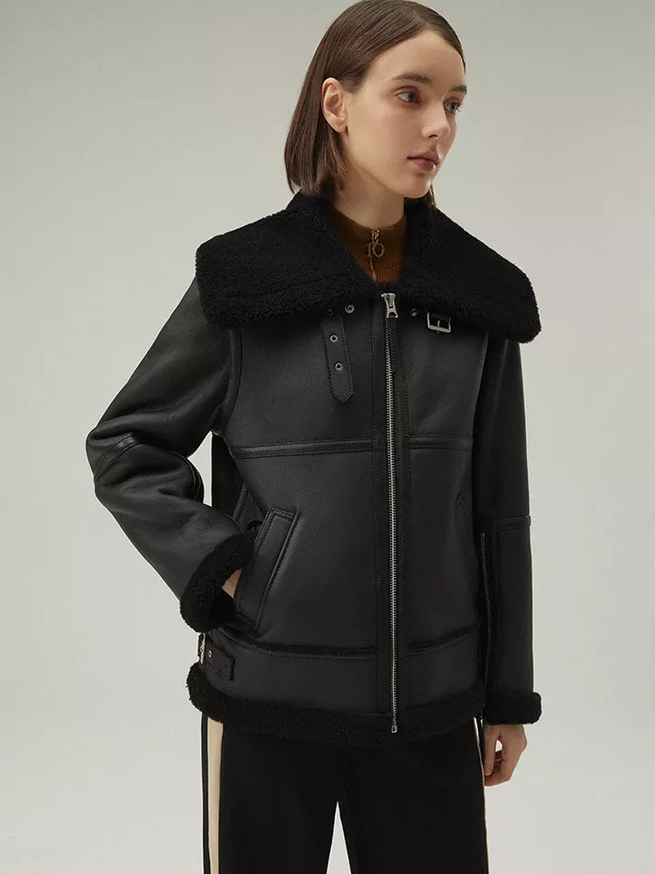 Black leather sherpa jacket women's hotsell