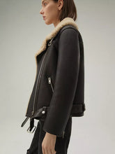 Load image into Gallery viewer, Women’s Matte Black Leather Brown Shearling Coat Aviator Jacket
