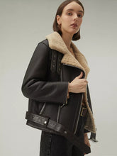 Load image into Gallery viewer, Women’s Matte Black Leather Brown Shearling Coat Aviator Jacket
