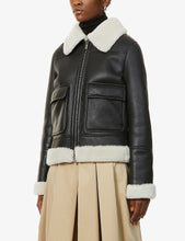 Load image into Gallery viewer, Women’s Black Leather White Shearling Big Collared Jacket
